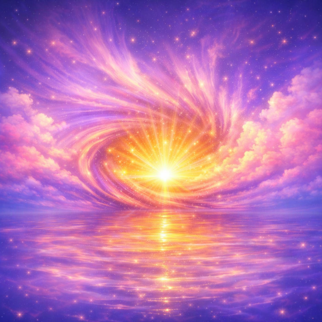 Celestial sunrise vortex over calm water with glowing pink, purple, and gold clouds symbolizing emotional renewal and energetic healing. 