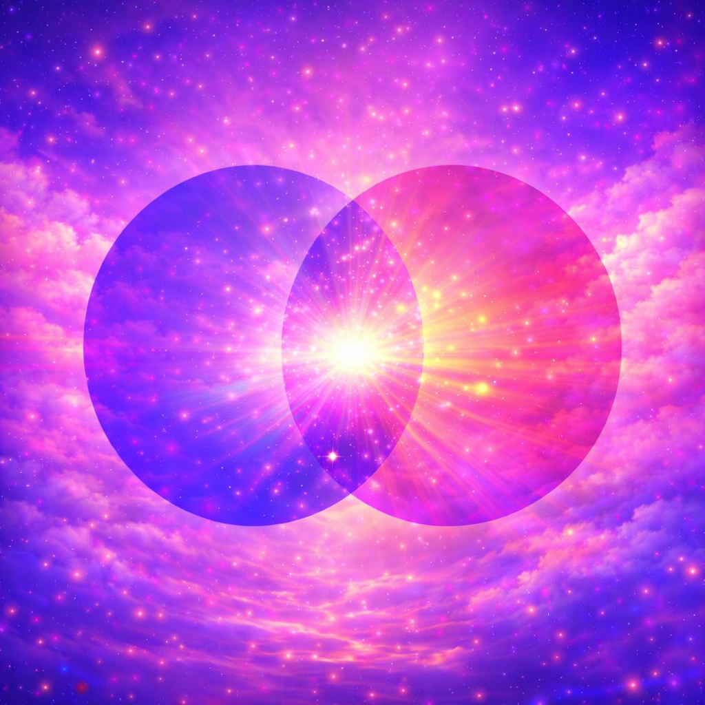 Two luminous overlapping circles in pink and blue against a cosmic sky, representing balance, connection, and energetic harmony. 
