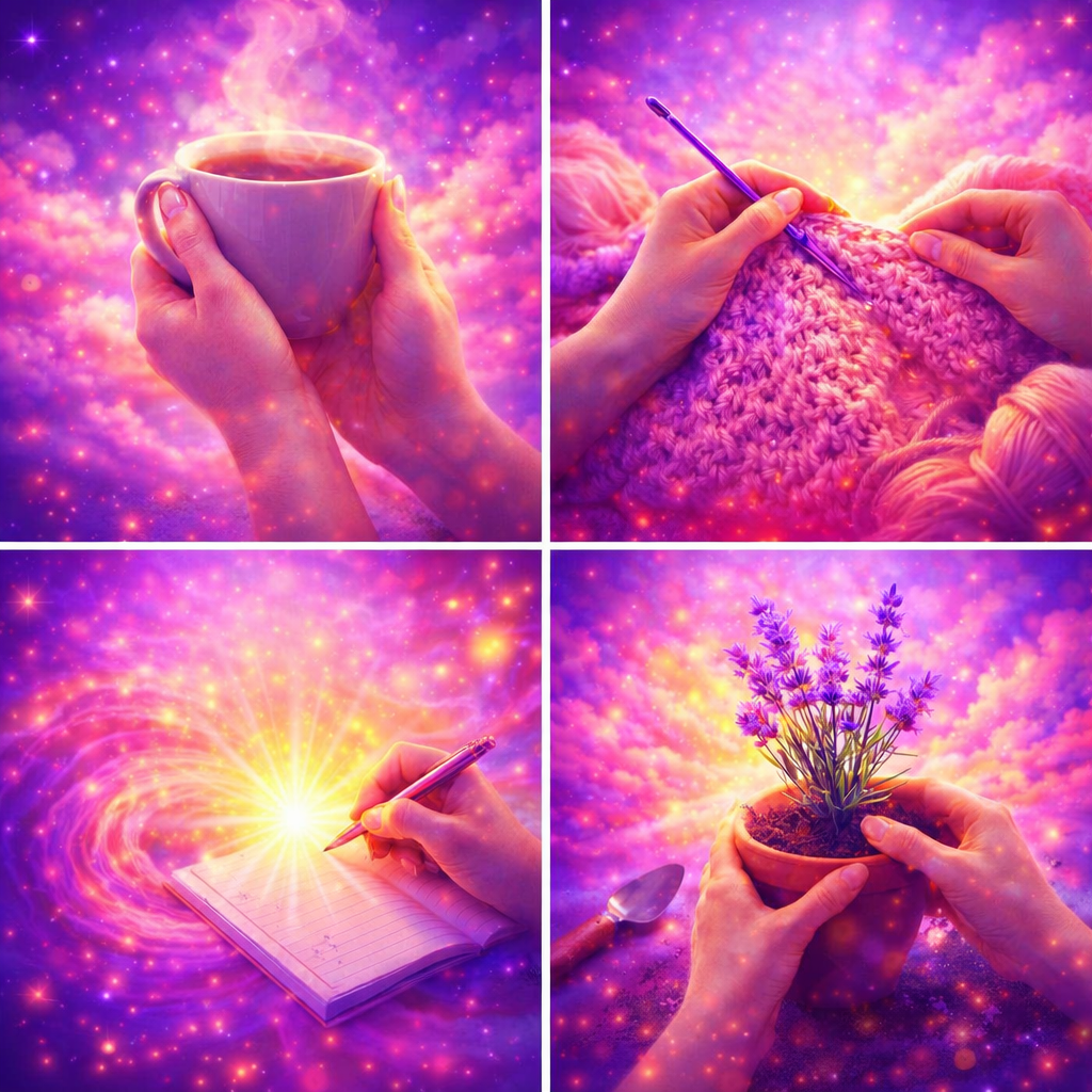 Four-panel collage of hands sipping tea, crocheting, writing, and gardening under cosmic light, representing mindfulness and self-soothing rituals.