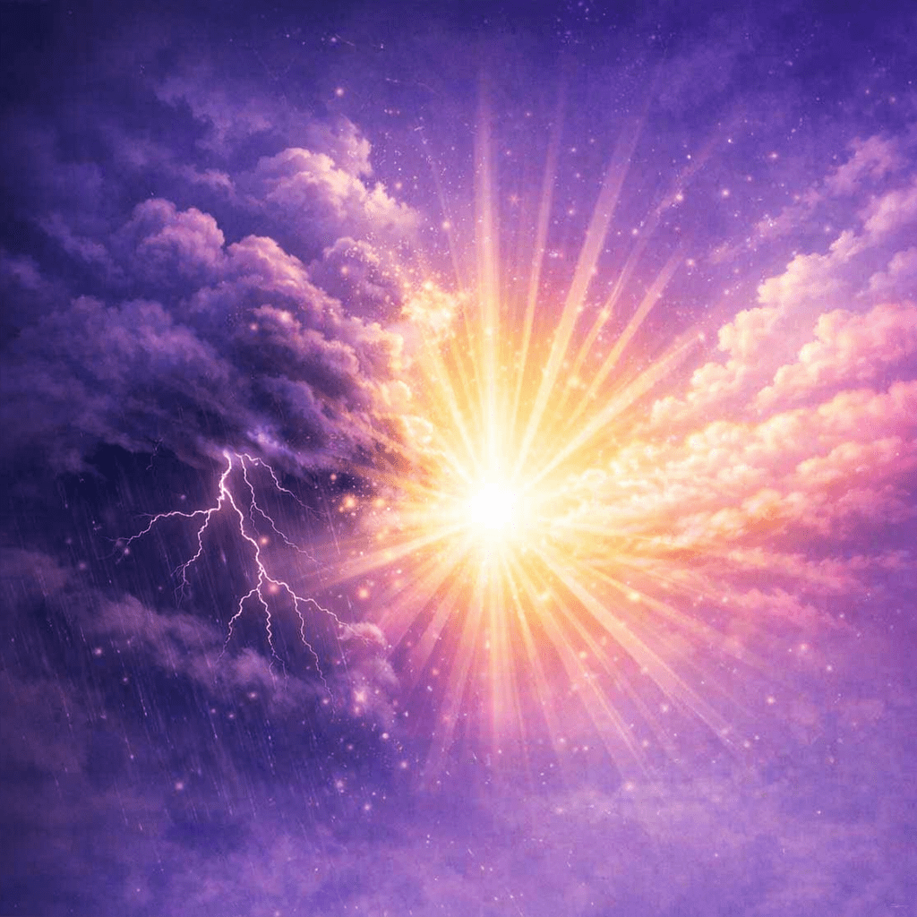 Dramatic sky with lightning and radiant sunlight merging through purple and pink clouds, illustrating contrast between chaos and clarity.