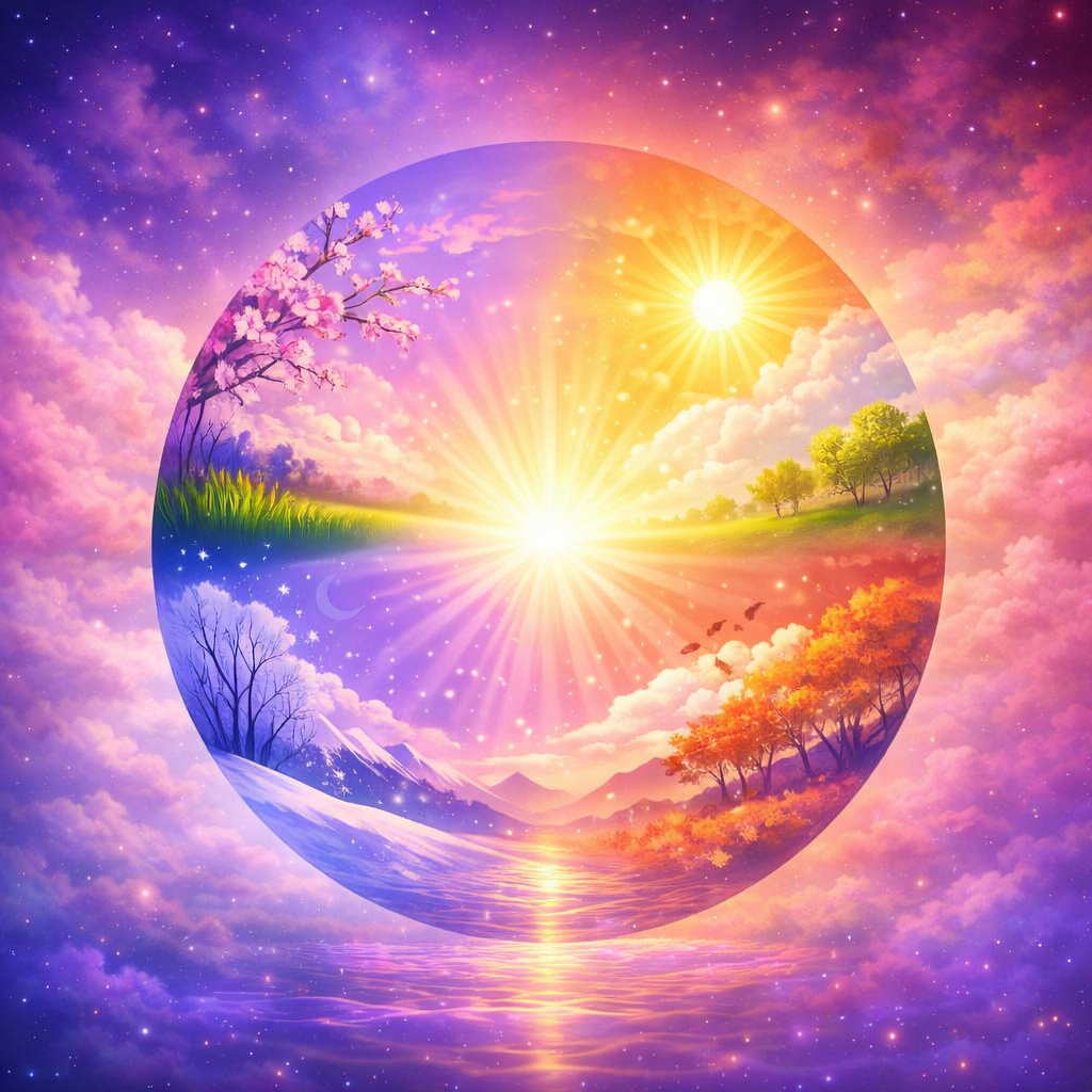 Circular artwork showing spring, summer, autumn, and winter unified in glowing light, symbolizing cyclical transformation and emotional growth.