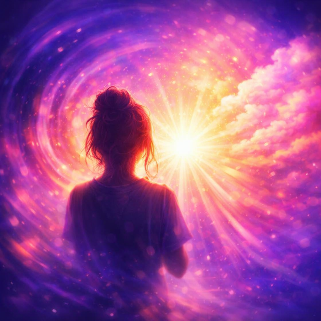Silhouette of woman with messy bun gazing into glowing vortex of purple, pink, and gold light, symbolizing awakening and inner transformation.